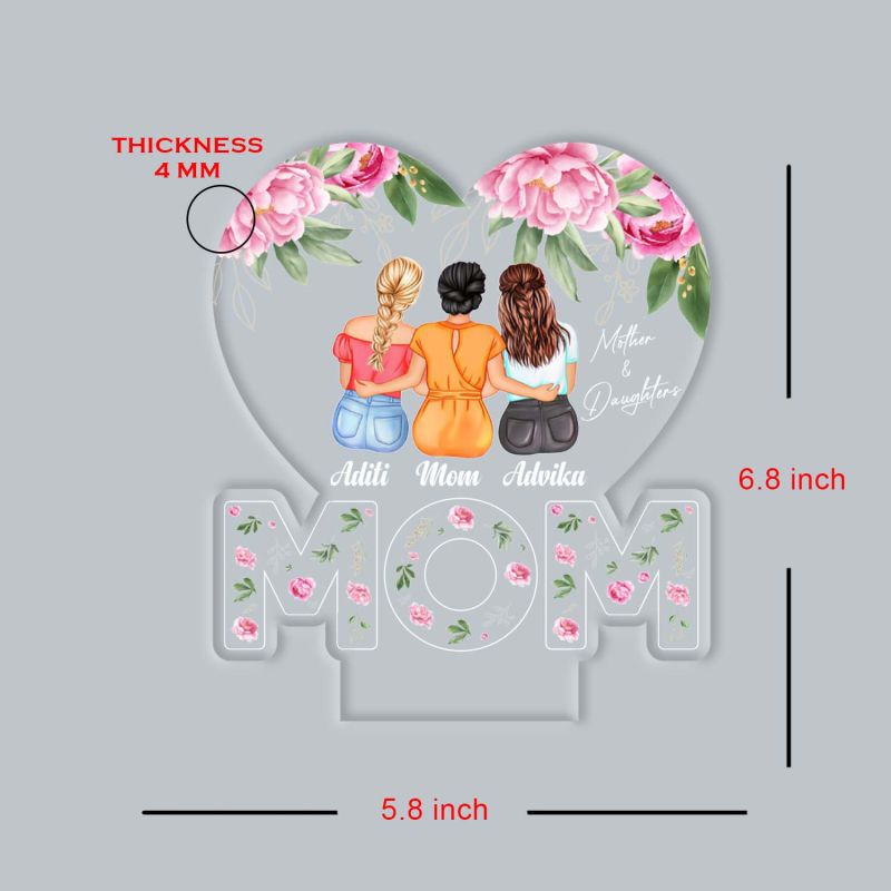 Personalized Mom with Two Daughters Acrylic LED Lamp with UV Print – Auto Color Changing Night Light Mother’s Day Gift